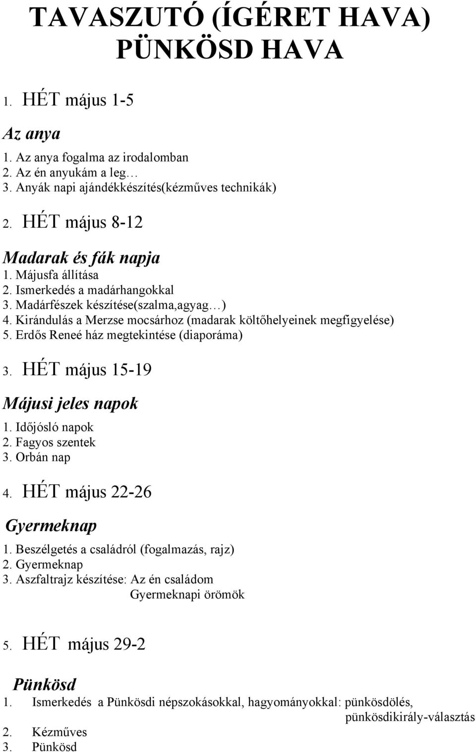 Kirándulás a Merzse mocsárhoz (madarak költőhelyeinek megfigyelése) 5. Erdős Reneé ház megtekintése (diaporáma) 3. HÉT május 15-19 Májusi jeles napok 1. Időjósló napok 2. Fagyos szentek 3.