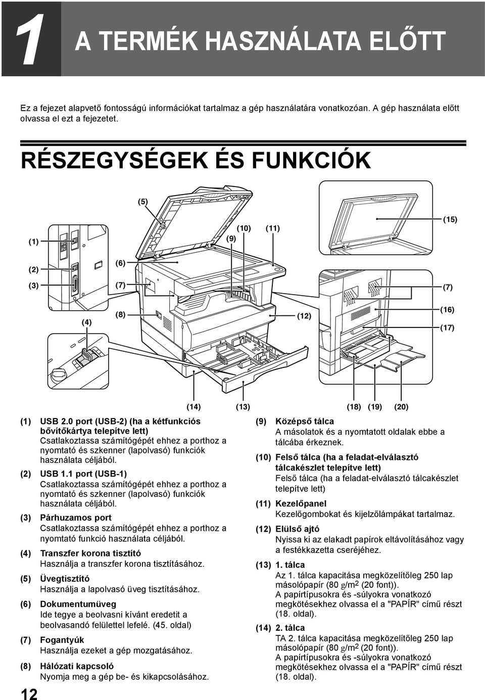 0 port (USB-) (ha a kétfunkciós bővítőkártya telepítve lett) Csatlakoztassa számítógépét ehhez a porthoz a nyomtató és szkenner (lapolvasó) funkciók használata céljából. () USB.