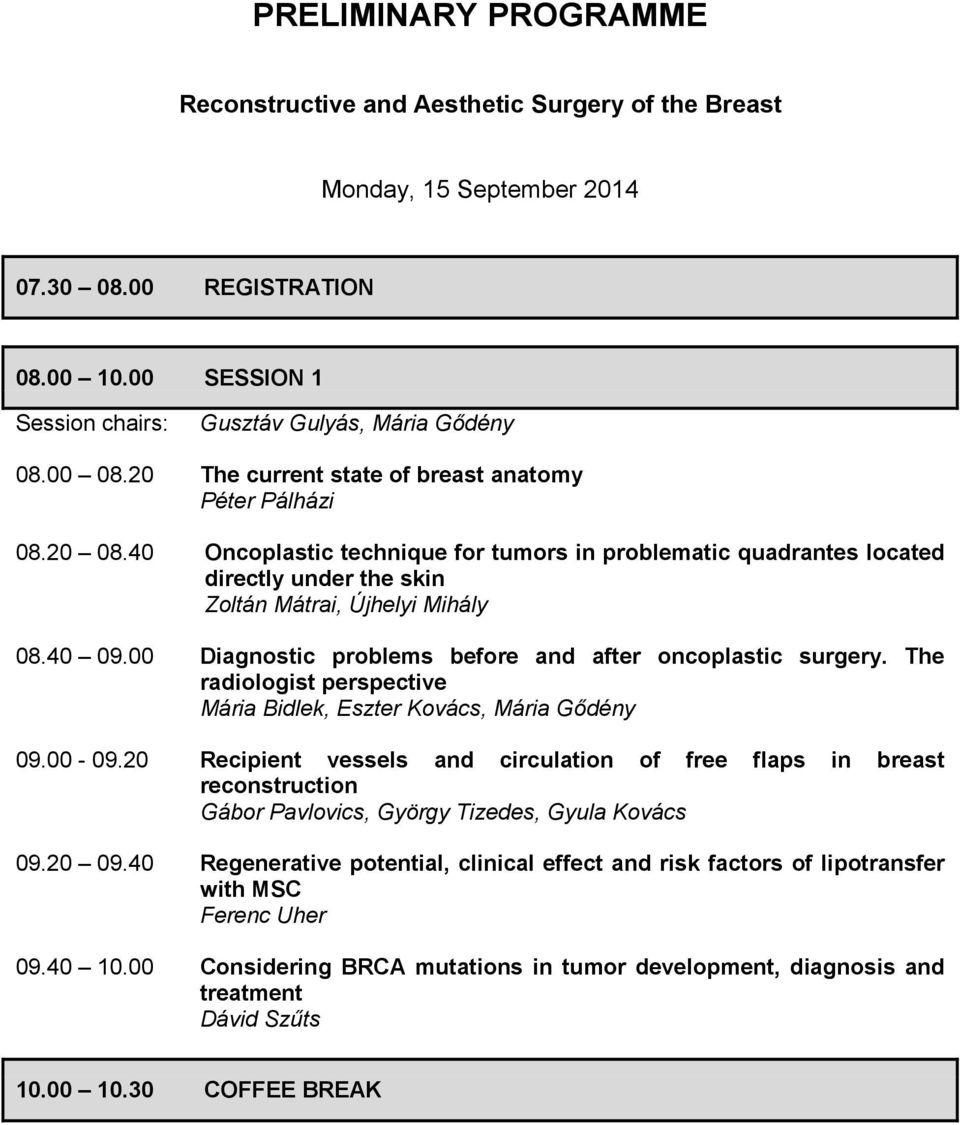 00 Diagnostic problems before and after oncoplastic surgery. The radiologist perspective Mária Bidlek, Eszter Kovács, Mária Gődény 09.00-09.