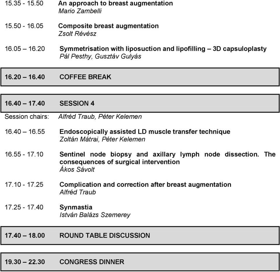 40 16.55 Endoscopically assisted LD muscle transfer technique Zoltán Mátrai, Péter Kelemen 16.55-17.10 Sentinel node biopsy and axillary lymph node dissection.