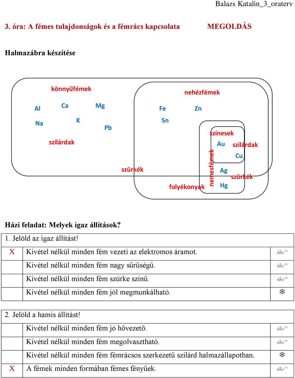 folyékonyak Ag Hg szürkék Házi feladat: Melyek igaz állítások? 1. Jelöld az igaz állítást! X Kivétel nélkül minden fém vezeti az elektromos áramot.