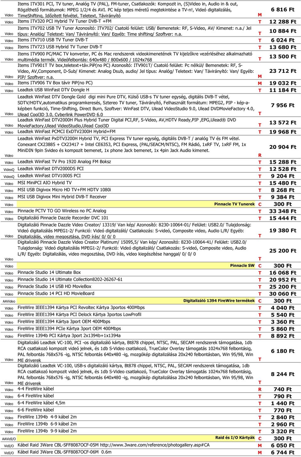 felület: USB/ Bemenetek: RF, S-Video, AV/ Kimenet: n.a.