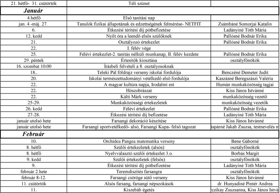 péntek Értesítők kiosztása osztályfőnökök 16. szombat 10:00 Írásbeli felvételi a 8. osztályosoknak 18.. Teleki Pál földrajz verseny iskolai fordulója Benczéné Demeter Judit 20.