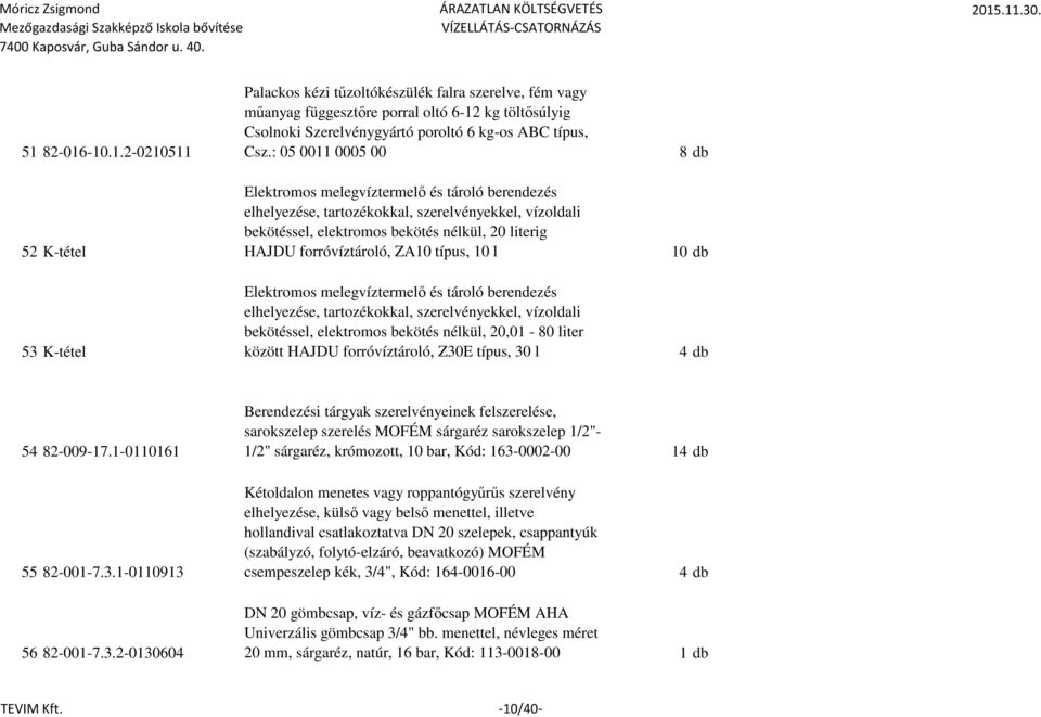 -10.1.2-0210511 52 K-tétel 53 K-tétel Palackos kézi tűzoltókészülék falra szerelve, fém vagy műanyag függesztőre porral oltó 6-12 kg töltősúlyig Csolnoki Szerelvénygyártó poroltó 6 kg-os ABC típus, Csz.