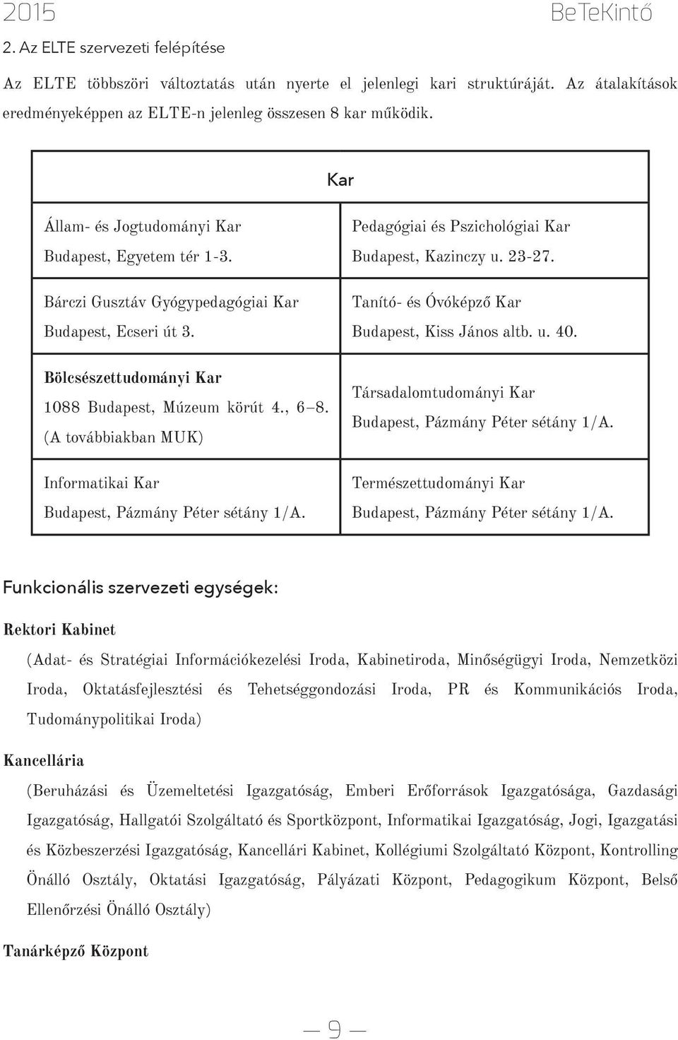 Tanító- és Óvóképző Kar Budapest, Kiss János altb. u. 40. Bölcsészettudományi Kar 1088 Budapest, Múzeum körút 4., 6 8. (A továbbiakban MUK) Informatikai Kar Budapest, Pázmány Péter sétány 1/A.