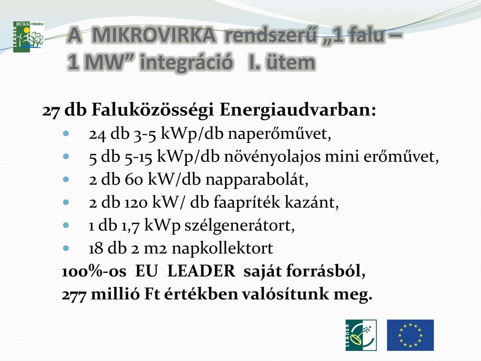 növényolajos mini erőművet, 2 db 60 kw/db napparabolát, 2 db 120 kw/ db faapríték