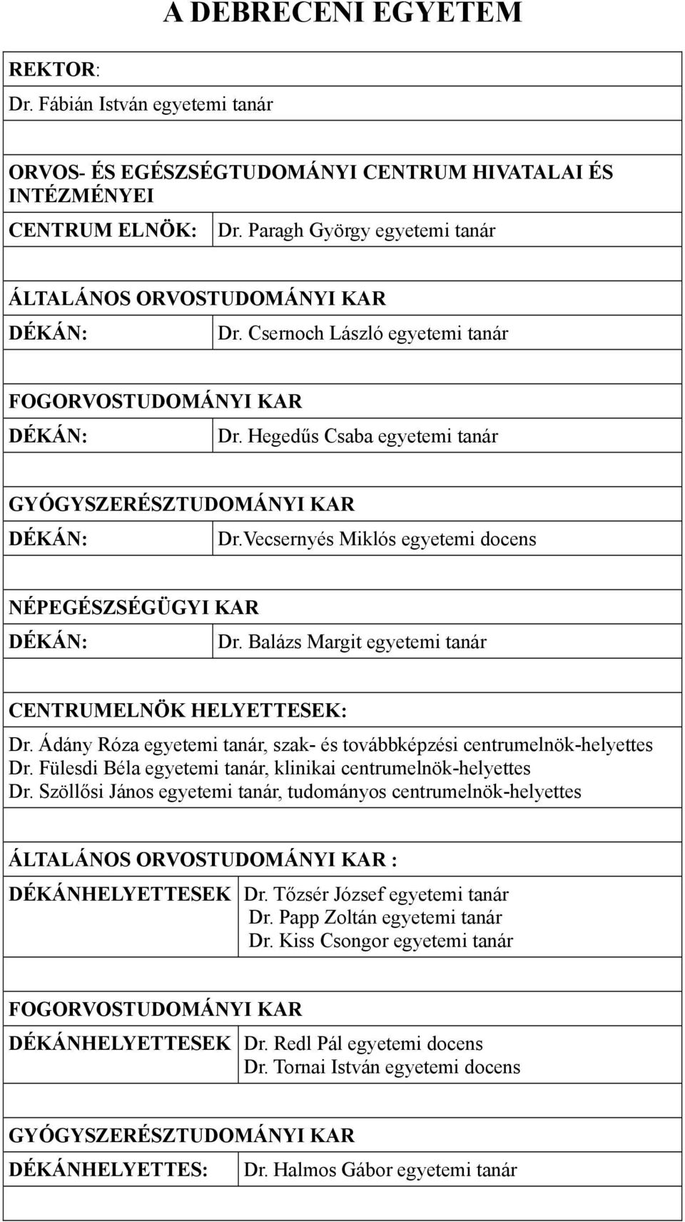 Vecsernyés Miklós egyetemi docens NÉPEGÉSZSÉGÜGYI KAR DÉKÁN: Dr. Balázs Margit egyetemi tanár CENTRUMELNÖK HELYETTESEK: Dr. Ádány Róza egyetemi tanár, szak- és továbbképzési centrumelnök-helyettes Dr.