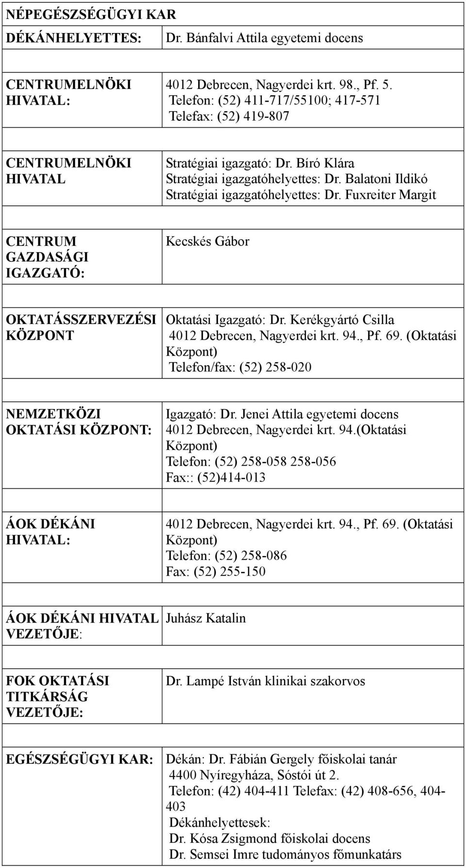 Fuxreiter Margit CENTRUM GAZDASÁGI IGAZGATÓ: Kecskés Gábor OKTATÁSSZERVEZÉSI KÖZPONT Oktatási Igazgató: Dr. Kerékgyártó Csilla 4012 Debrecen, Nagyerdei krt. 94., Pf. 69.