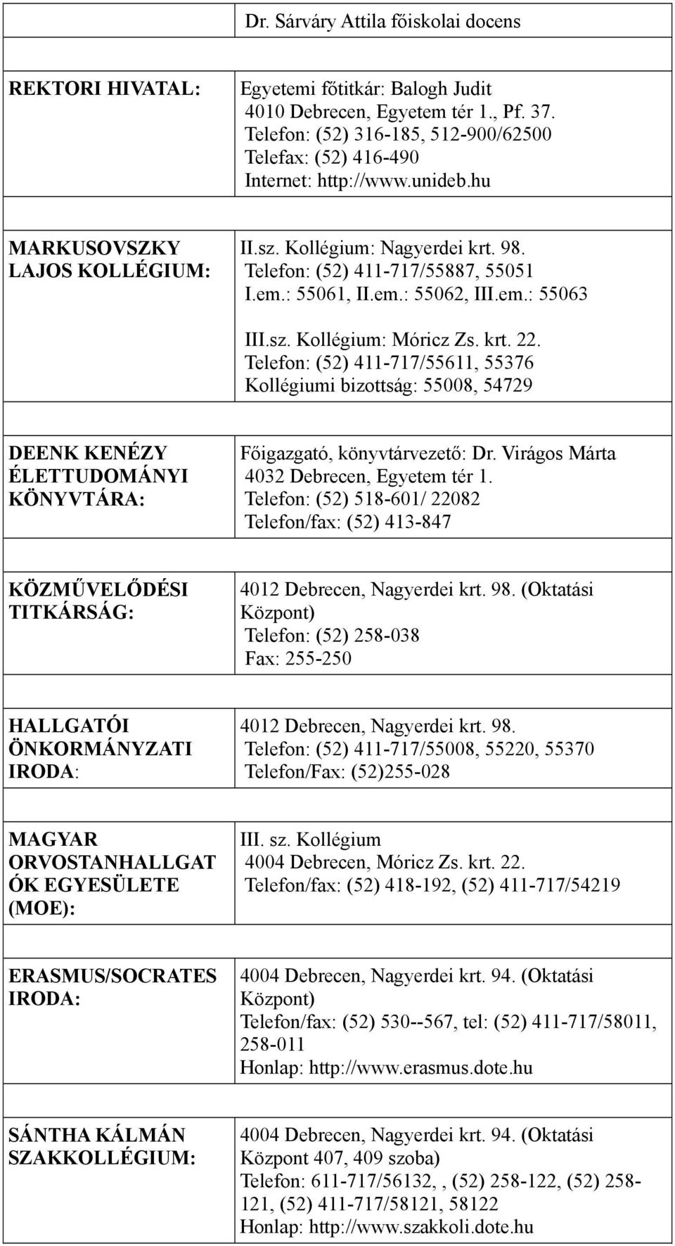 : 55061, II.em.: 55062, III.em.: 55063 III.sz. Kollégium: Móricz Zs. krt. 22.