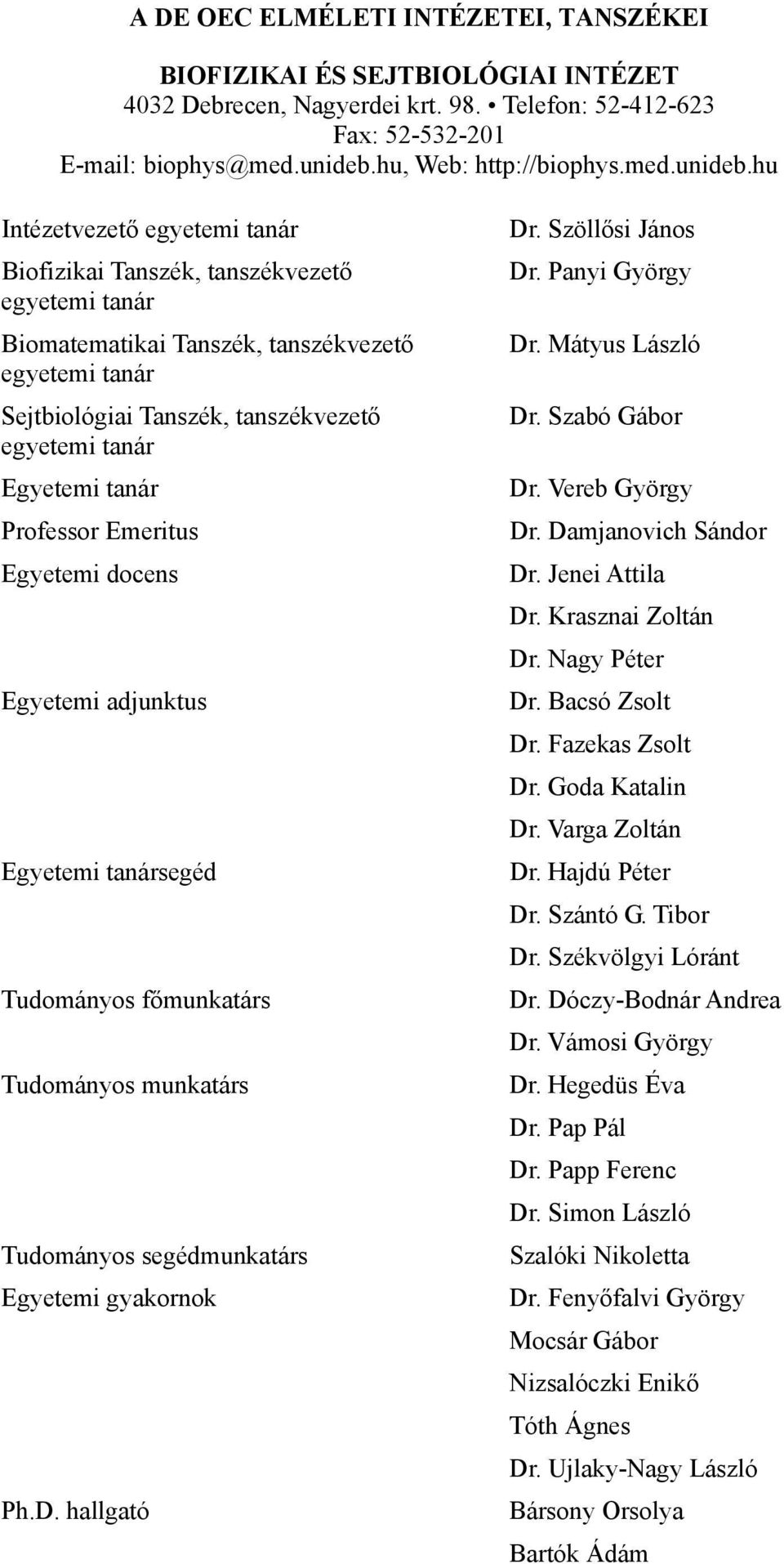 hu Intézetvezető egyetemi tanár Biofizikai Tanszék, tanszékvezető egyetemi tanár Biomatematikai Tanszék, tanszékvezető egyetemi tanár Sejtbiológiai Tanszék, tanszékvezető egyetemi tanár Egyetemi