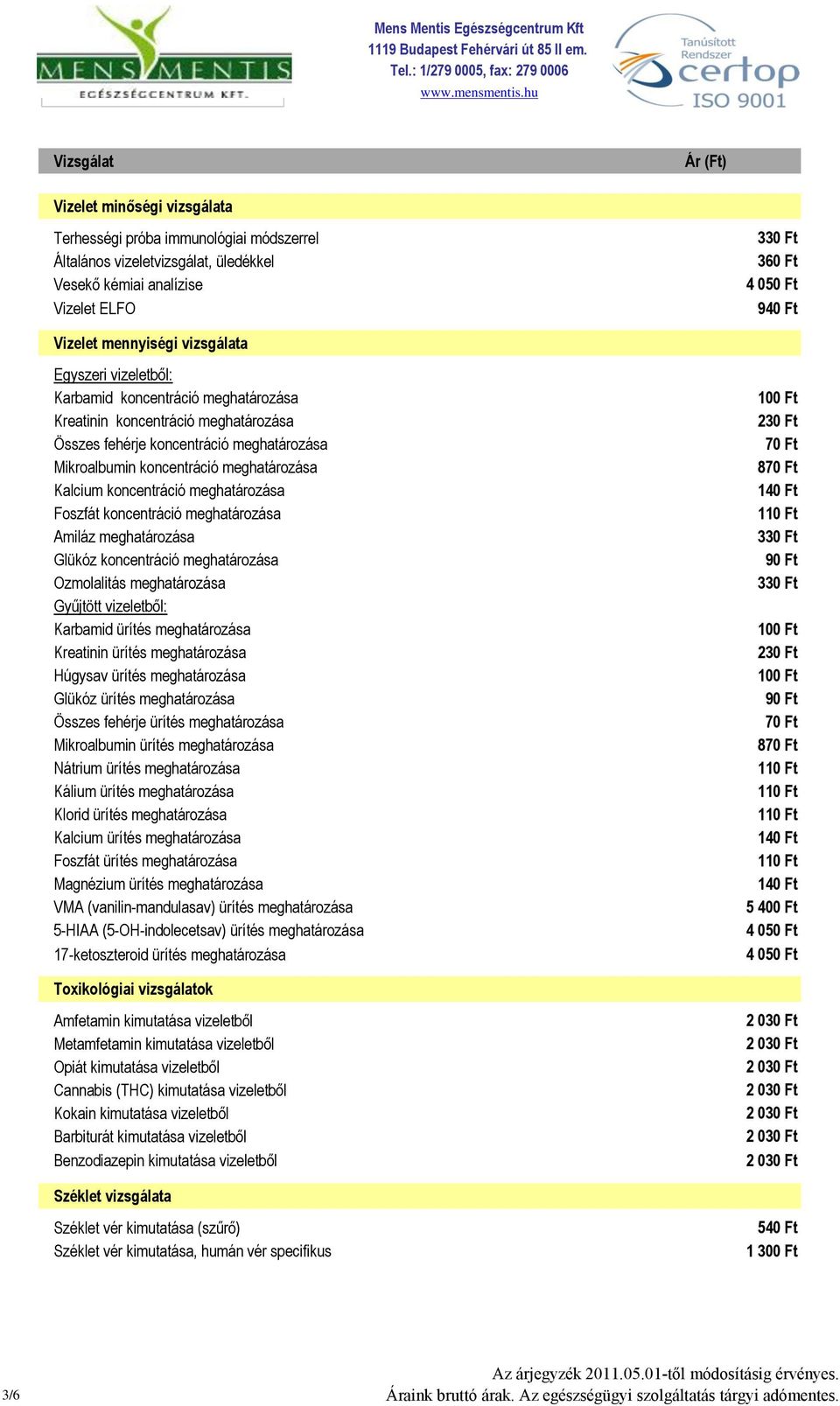 meghatározása Foszfát koncentráció meghatározása Amiláz meghatározása Glükóz koncentráció meghatározása Ozmolalitás meghatározása Gyűjtött vizeletből: Karbamid ürítés meghatározása Kreatinin ürítés