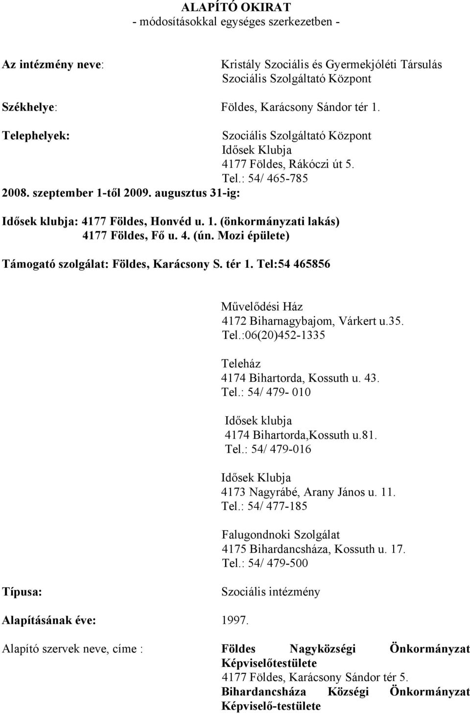 4. (ún. Mozi épülete) Támogató szolgálat: Földes, Karácsony S. tér 1. Tel:54 465856 Művelődési Ház 4172 Biharnagybajom, Várkert u.35. Tel.:06(20)452-1335 Teleház 4174 Bihartorda, Kossuth u. 43. Tel.: 54/ 479-010 Idősek klubja 4174 Bihartorda,Kossuth u.