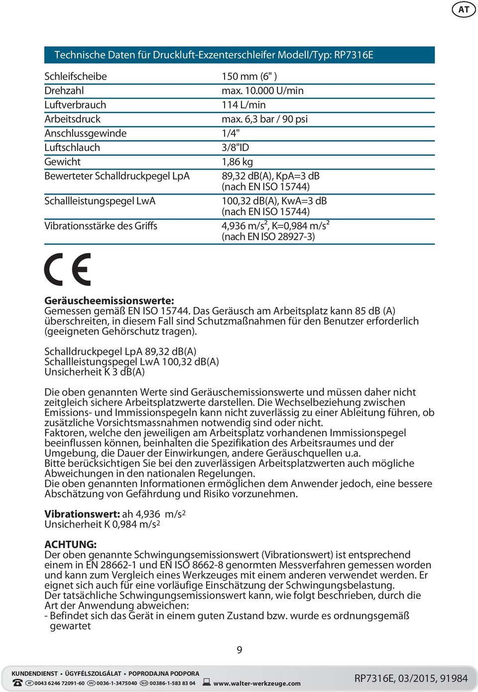 (nach EN ISO 15744) Vibrationsstärke des Griffs 4,936 m/s², K=0,984 m/s² (nach EN ISO 28927-3) Geräuscheemissionswerte: Gemessen gemäß EN ISO 15744.