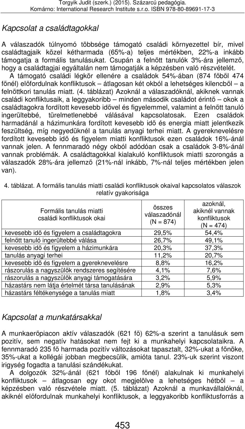 A támogató családi légkör ellenére a családok 54%-ában (874 főből 474 főnél) előfordulnak konfliktusok átlagosan két okból a lehetséges kilencből a felnőttkori tanulás miatt. (4.