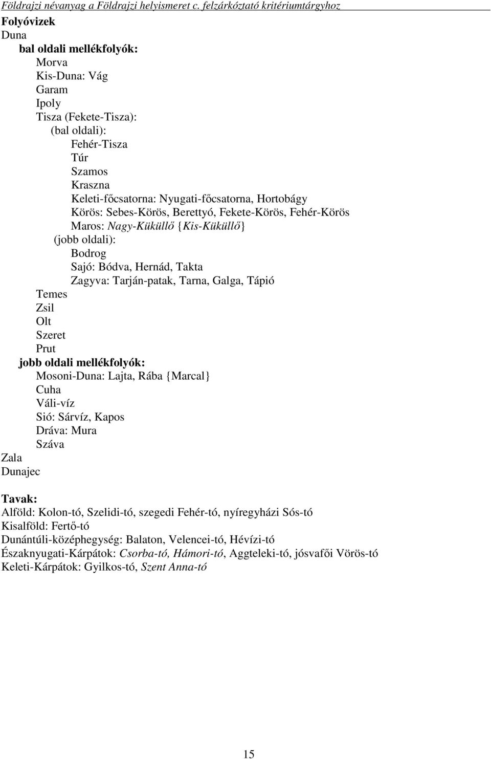 Prut jobb oldali mellékfolyók: Mosoni-Duna: Lajta, Rába {Marcal} Cuha Váli-víz Sió: Sárvíz, Kapos Dráva: Mura Száva Zala Dunajec Tavak: Alföld: Kolon-tó, Szelidi-tó, szegedi Fehér-tó, nyíregyházi