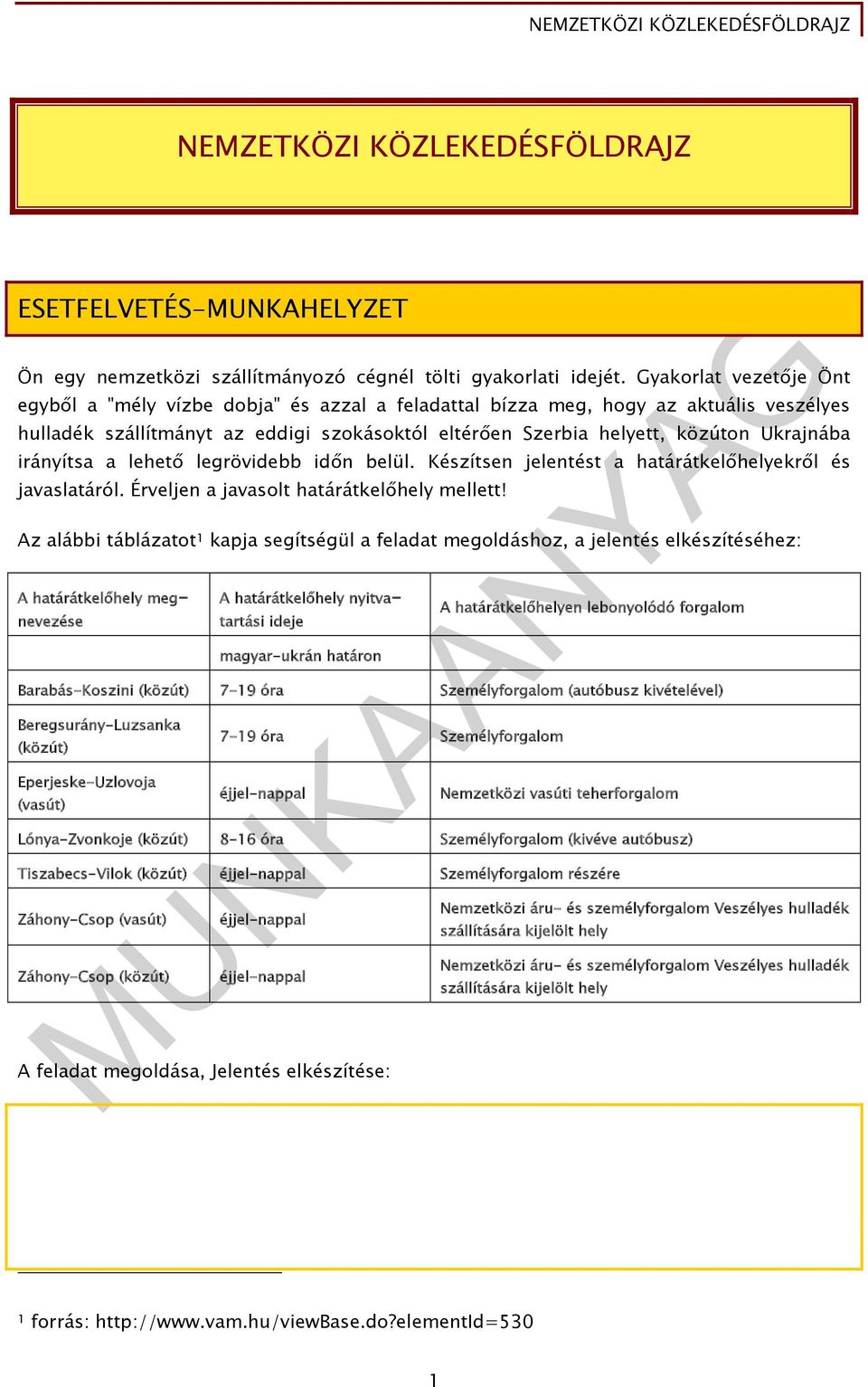 irányítsa a lehető legrövidebb időn belül. Készítsen jelentést a határátkelőhelyekről és javaslatáról. Érveljen a javasolt határátkelőhely mellett!