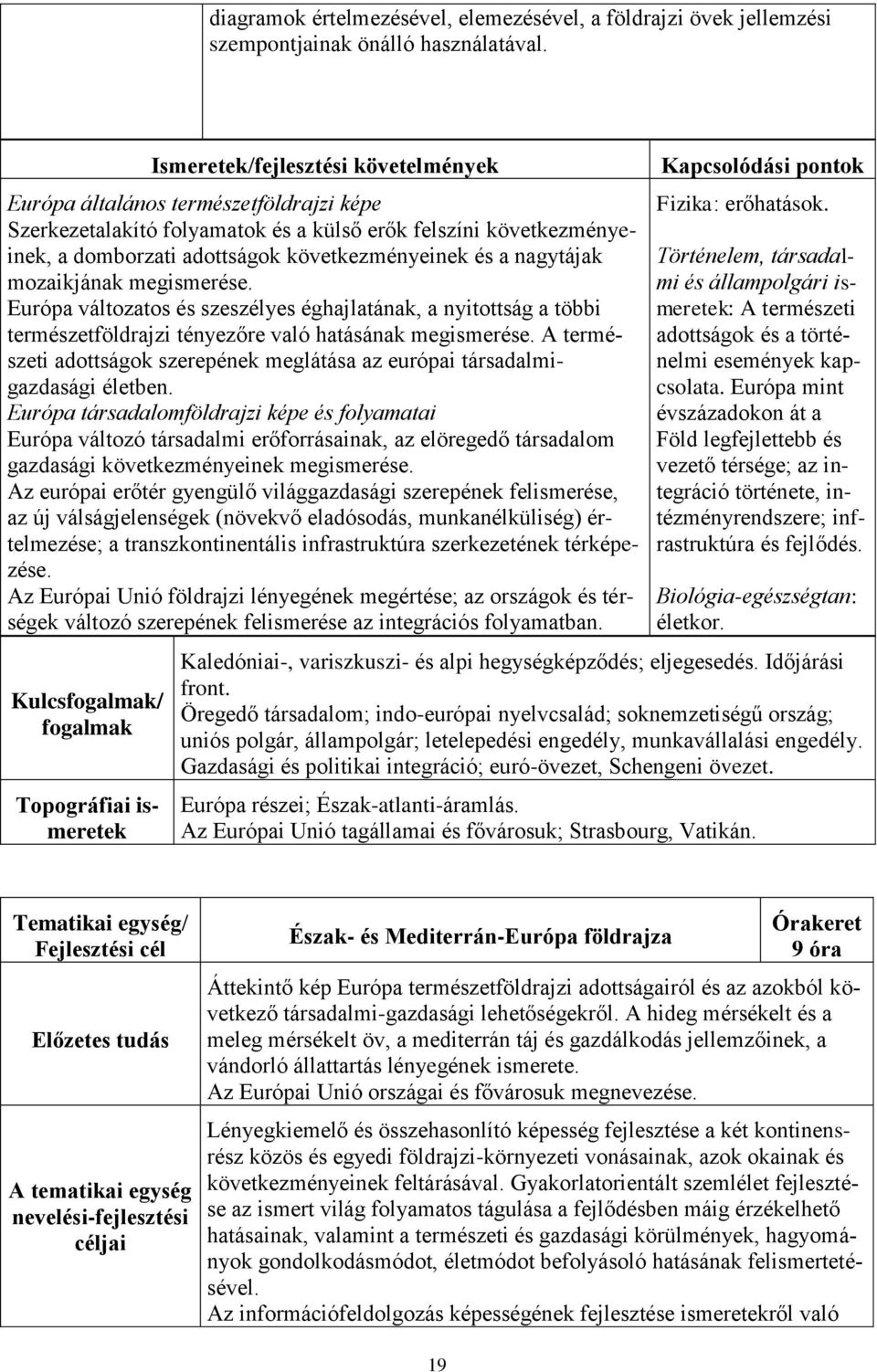 nagytájak mozaikjának megismerése. Európa változatos és szeszélyes éghajlatának, a nyitottság a többi természetföldrajzi tényezőre való hatásának megismerése.