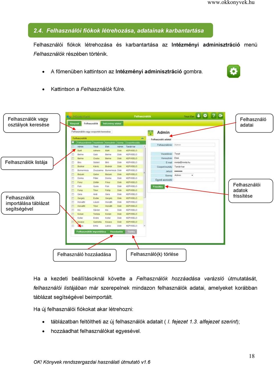 Felhasználók vagy osztályok keresése Felhasználó adatai Felhasználók listája Felhasználók importálása táblázat segítségével Felhasználói adatok frissítése Felhasználó hozzáadása Felhasználó(k)