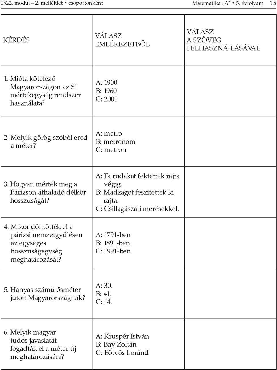 Hogyan mérték meg a Párizson áthaladó délkör hosszúságát? 4. Mikor döntötték el a párizsi nemzetgyűlésen az egységes hosszúságegység meghatározását? A: Fa rudakat fektettek rajta végig.