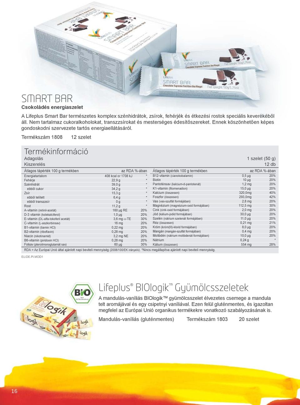 Termékszám 1808 Adagolás 1 szelet (50 g) Kiszerelés 12 db Átlagos tápérték 100 g termékben az RDA %-ában Átlagos tápérték 100 g termékben az RDA %-ában Energiatartalom 408 kcal or 1708 kj *