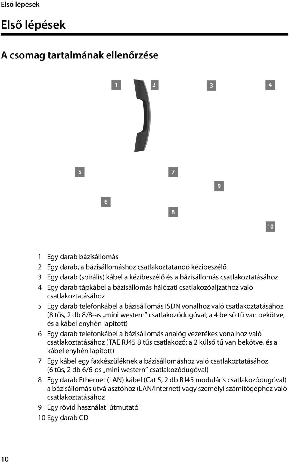 csatlakoztatásához (8 tűs, 2 db 8/8-as mini western csatlakozódugóval; a 4 belső tű van bekötve, és a kábel enyhén lapított) 6 Egy darab telefonkábel a bázisállomás analóg vezetékes vonalhoz való