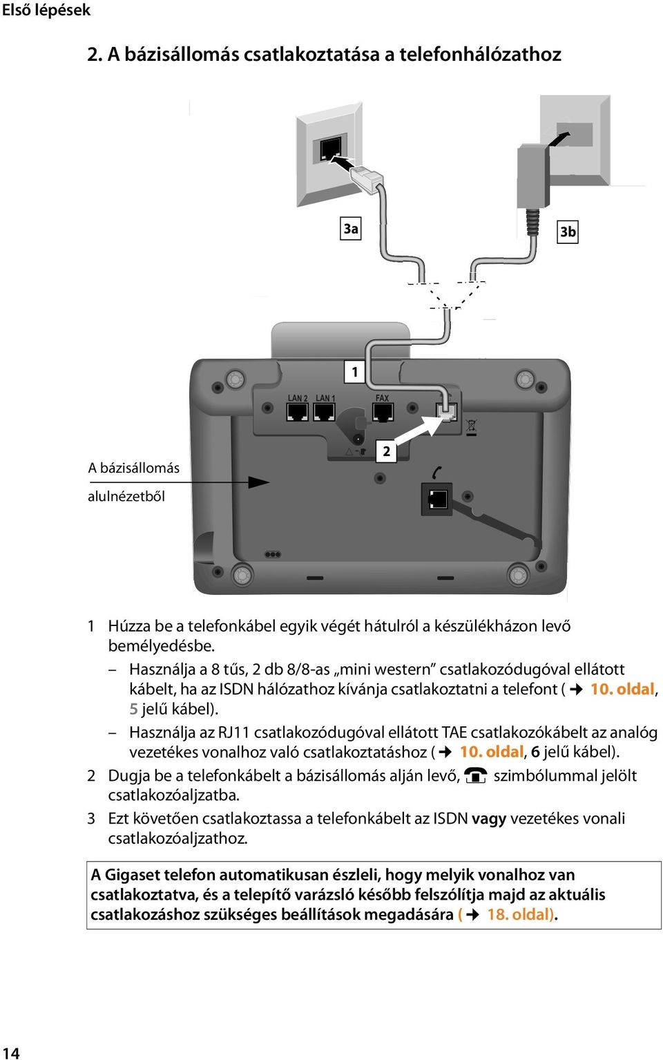 Használja az RJ11 csatlakozódugóval ellátott TAE csatlakozókábelt az analóg vezetékes vonalhoz való csatlakoztatáshoz ( 10. oldal, 6 jelű kábel).