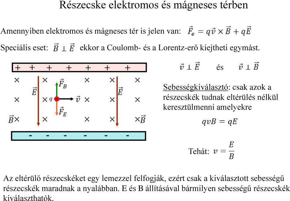 és Sebességkiválasztó: csak azok a részecskék tudnak eltérülés nélkül keresztülmenni amelyekre Tehát: Az