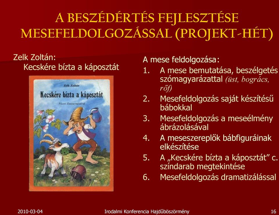 Mesefeldolgozás saját készítésű bábokkal 3. Mesefeldolgozás a meseélmény ábrázolásával 4.