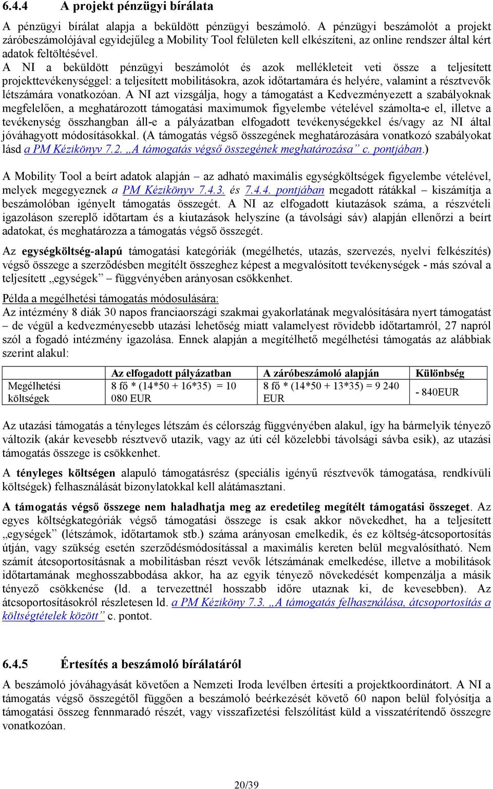 A NI a beküldött pénzügyi beszámolót és azok mellékleteit veti össze a teljesített projekttevékenységgel: a teljesített mobilitásokra, azok időtartamára és helyére, valamint a résztvevők létszámára