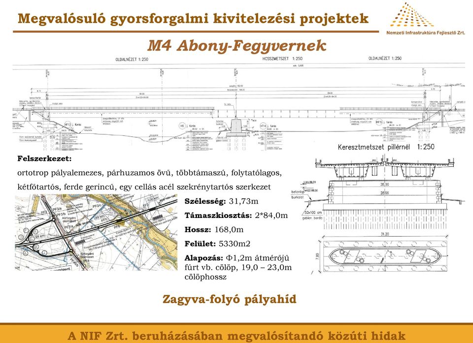 cellás acél szekrénytartós szerkezet Szélesség: 31,73m Támaszkiosztás: 2*84,0m Hossz: 168,0m