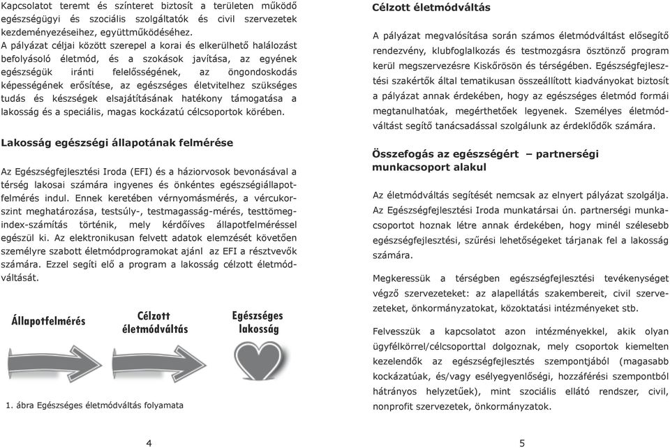 az egészséges életvitelhez szükséges tudás és készségek elsajátításának hatékony támogatása a lakosság és a speciális, magas kockázatú célcsoportok körében.