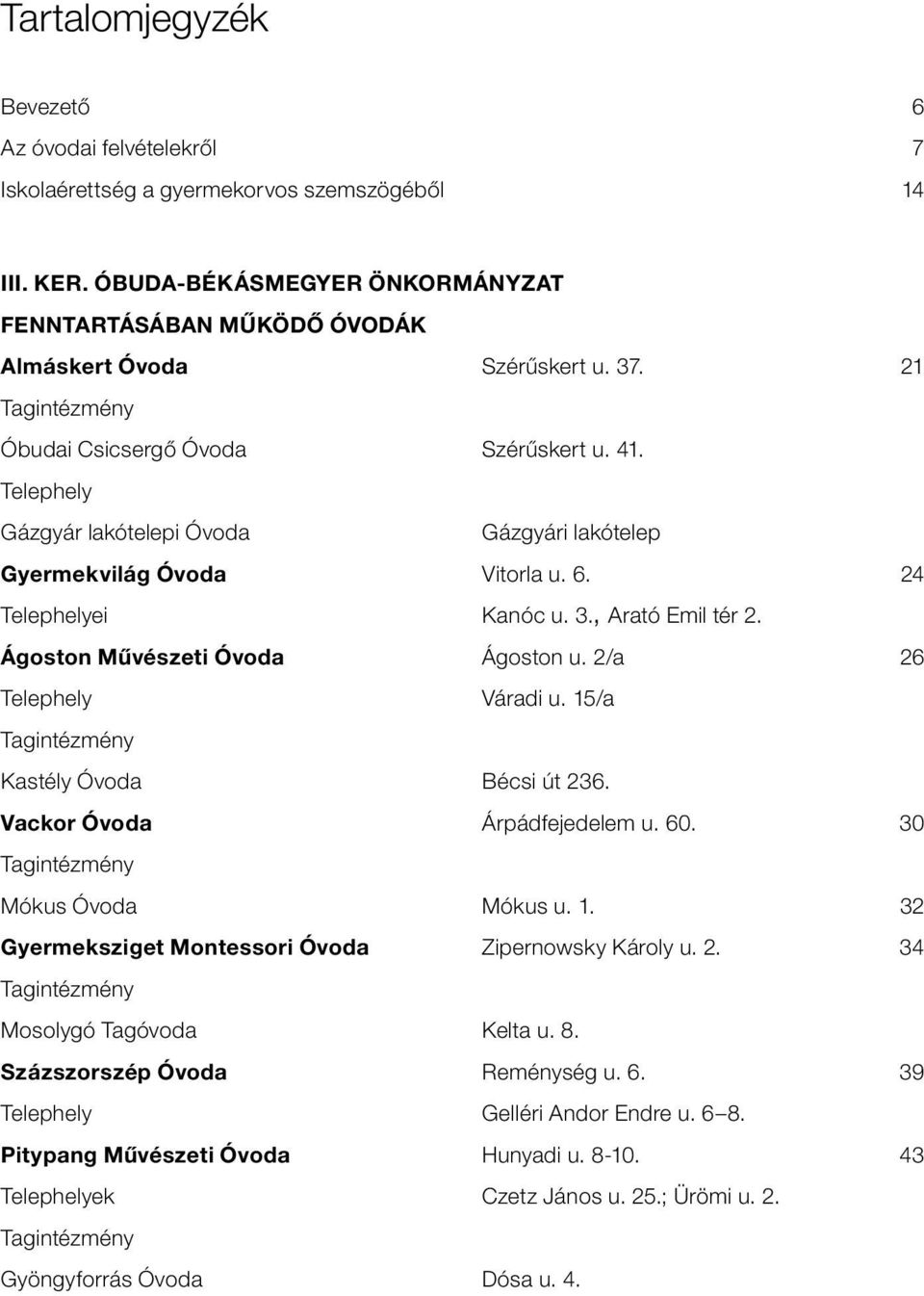 Ágoston Mûvészeti Óvoda Ágoston u. 2/a 26 Telephely váradi u. 15/a Tagintézmény Kastély Óvoda Bécsi út 236. Vackor Óvoda Árpádfejedelem u. 60. 30 Tagintézmény Mókus Óvoda mókus u. 1. 32 Gyermeksziget Montessori Óvoda Zipernowsky Károly u.