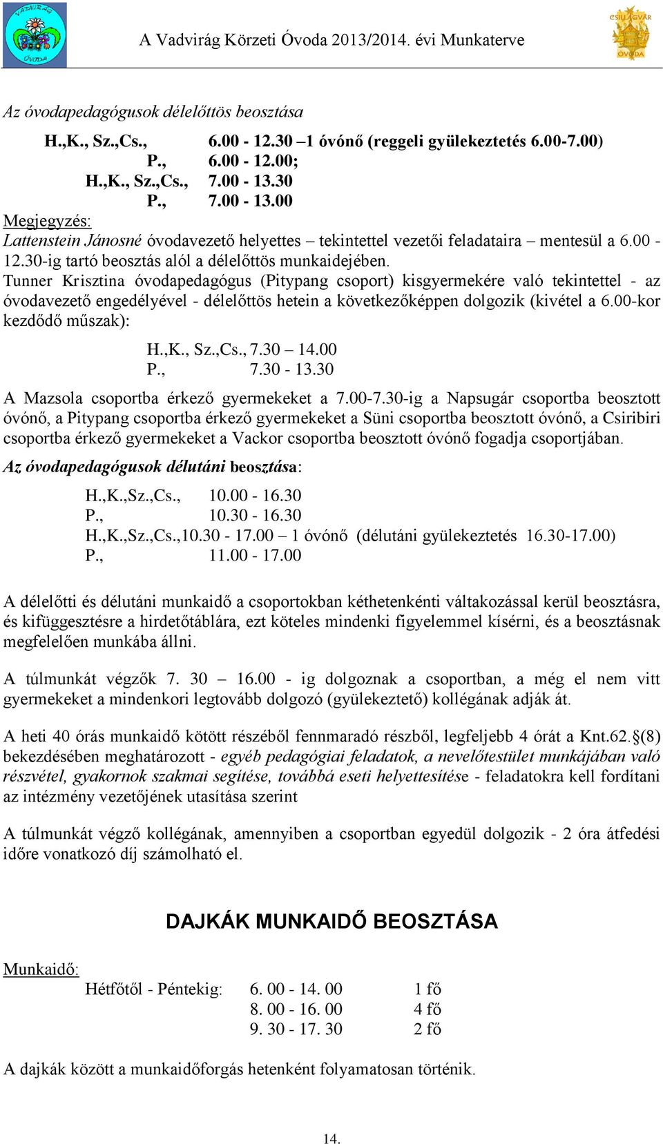 Tunner Krisztina óvodapedagógus (Pitypang csoport) kisgyermekére való tekintettel - az óvodavezető engedélyével - délelőttös hetein a következőképpen dolgozik (kivétel a 6.00-kor kezdődő műszak): H.