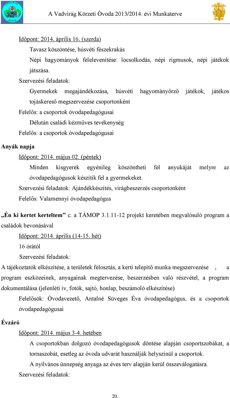 tevékenység Felelős: a csoportok óvodapedagógusai Anyák napja Időpont: 2014. május 02.