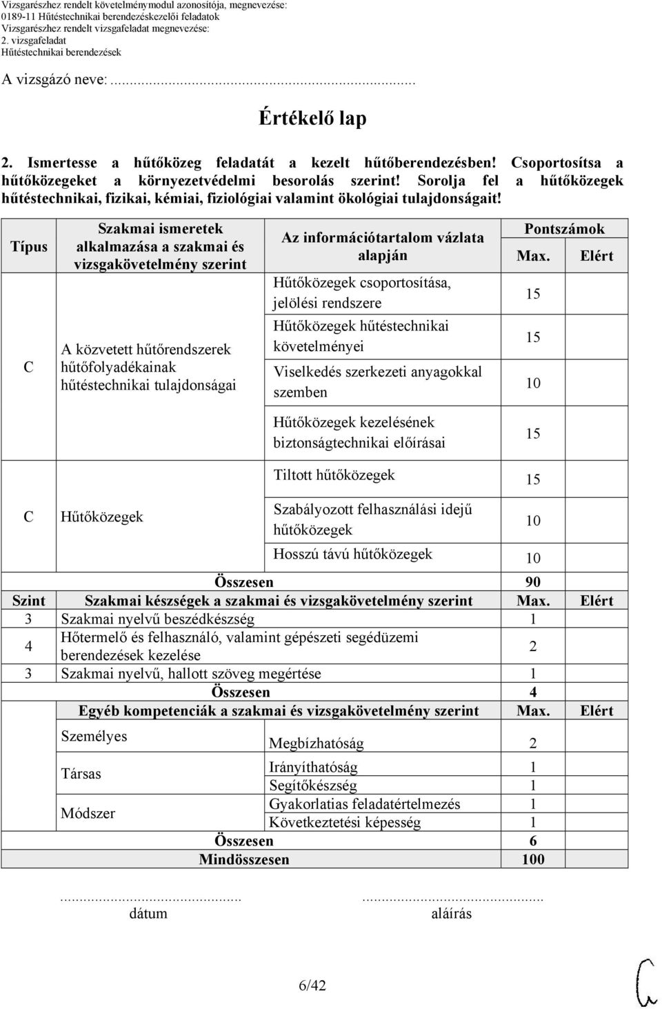 Típus Szakmai ismeretek alkalmazása a szakmai és vizsgakövetelmény szerint A közvetett hűtőrendszerek hűtőfolyadékainak hűtéstechnikai tulajdonságai Az információtartalom vázlata alapján Hűtőközegek