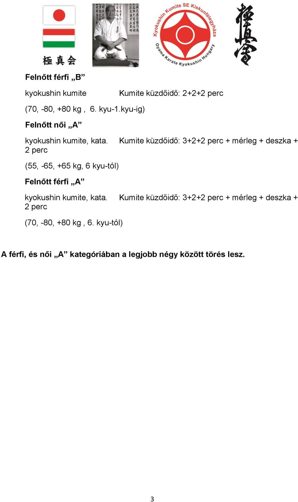 kg, 6 kyu-tól) Felnőtt férfi A Kumite küzdőidő: 3+2+2 perc + mérleg + deszka + 2 perc (70,