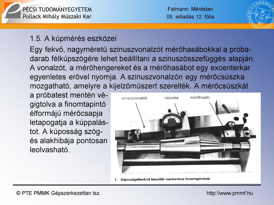 A vonalzót, a mérőhengereket és a mérőhasábot egy excenterkar egyenletes erővel nyomja.