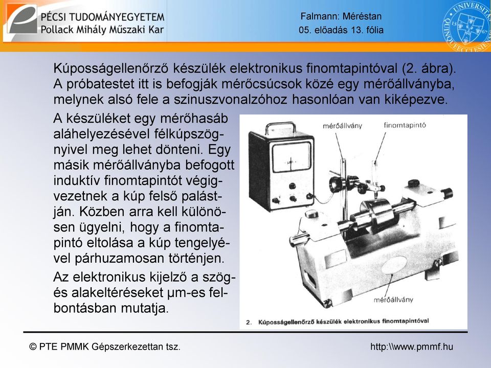 A készüléket egy mérőhasáb aláhelyezésével félkúpszögnyivel meg lehet dönteni.