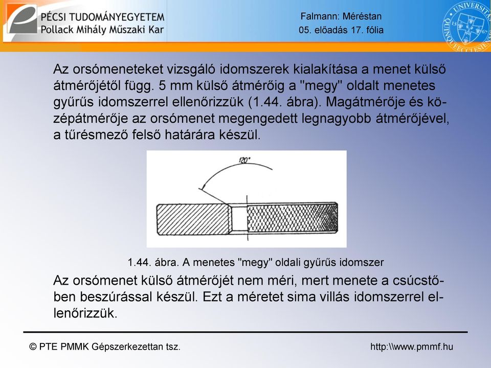 Magátmérője és középátmérője az orsómenet megengedett legnagyobb átmérőjével, a tűrésmező felső határára készül. 1.44. ábra.