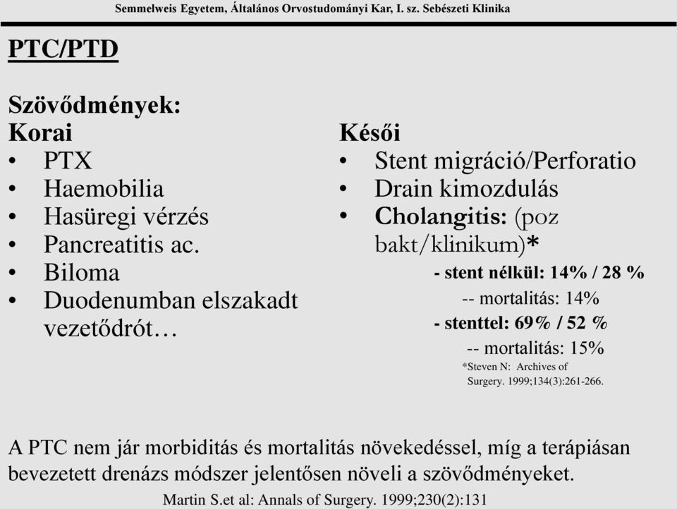 -- mortalitás: 14% - stenttel: 69% / 52 % -- mortalitás: 15% *Steven N: Archives of Surgery. 1999;134(3):261-266.