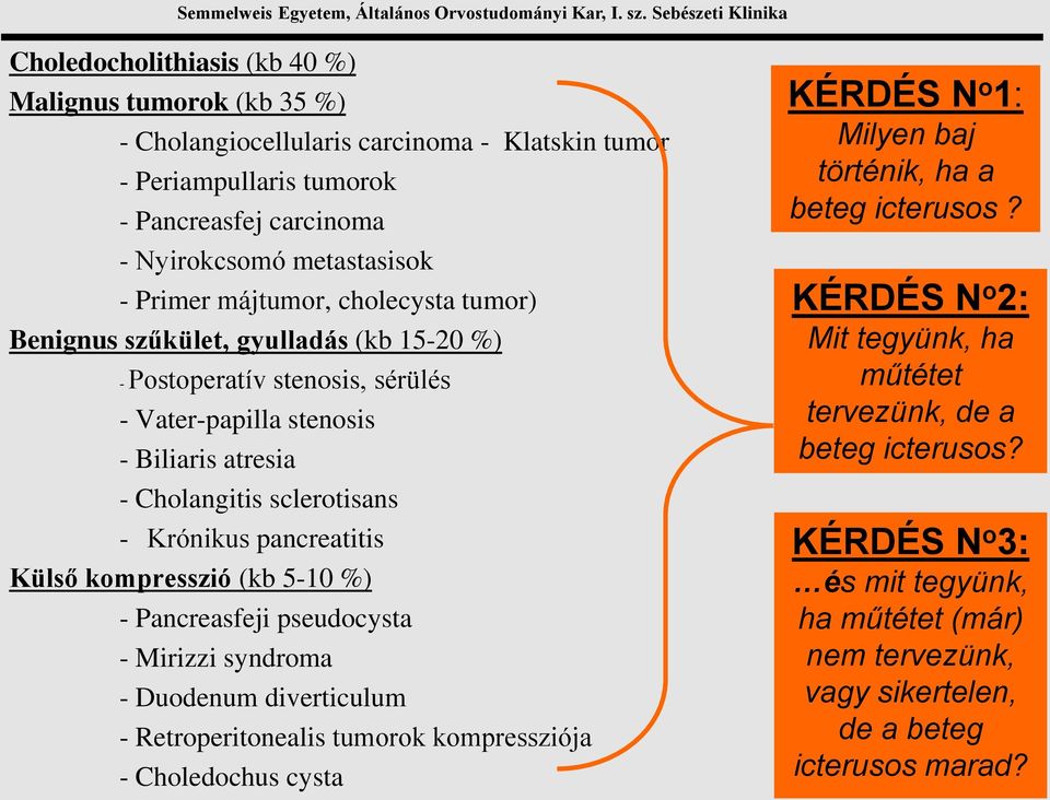 pancreatitis Külső kompresszió (kb 5-10 %) - Pancreasfeji pseudocysta - Mirizzi syndroma - Duodenum diverticulum - Retroperitonealis tumorok kompressziója - Choledochus cysta KÉRDÉS N o 1: Milyen