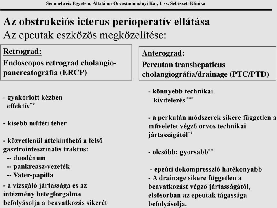 beavatkozás sikerét Anterograd: Percutan transhepaticus cholangiográfia/drainage (PTC/PTD) - könnyebb technikai kivitelezés *** - a perkután módszerek sikere független a műveletet végző orvos