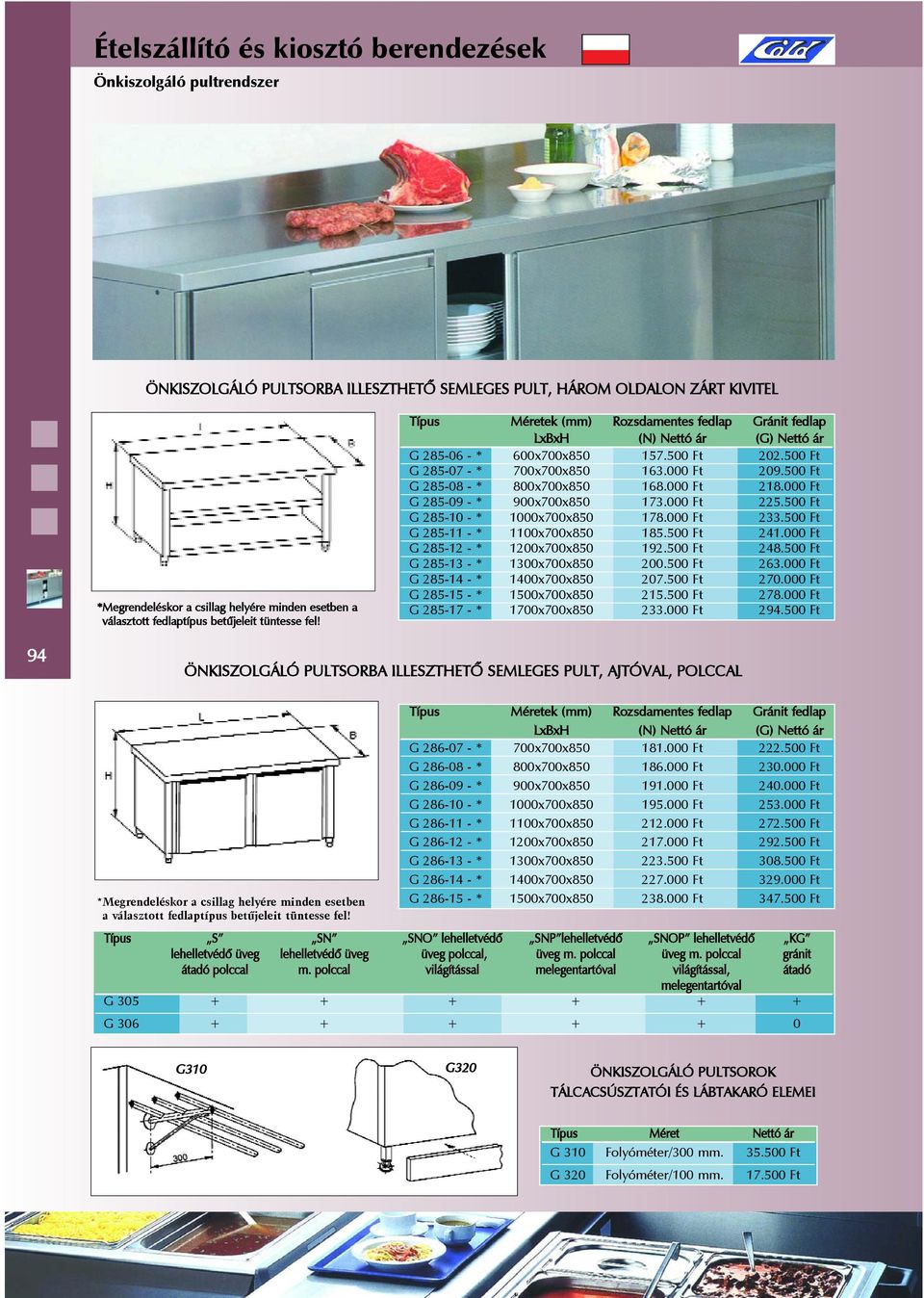 500 Ft G 285-08 - * 800x700x850 168.000 Ft 218.000 Ft G 285-09 - * 900x700x850 173.000 Ft 225.500 Ft G 285-10 - * 1000x700x850 178.000 Ft 233.500 Ft G 285-11 - * 1100x700x850 185.500 Ft 241.