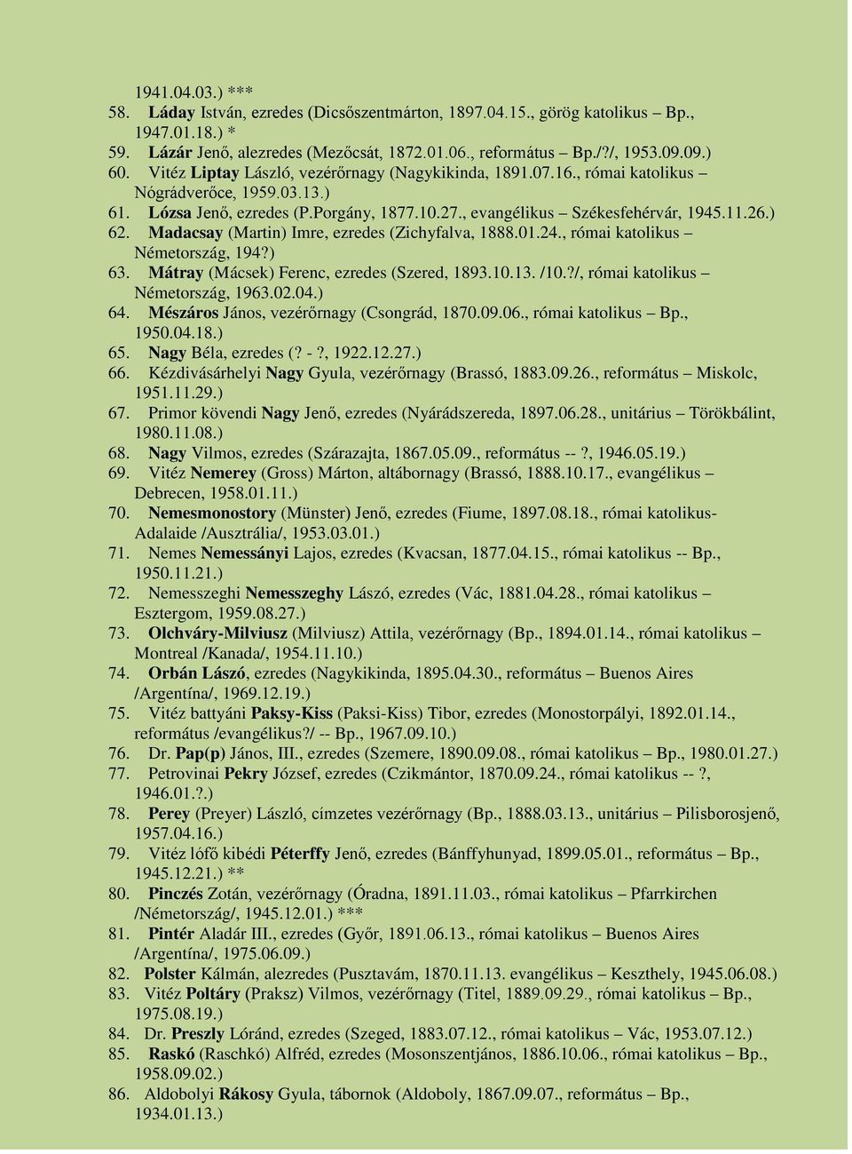 Madacsay (Martin) Imre, ezredes (Zichyfalva, 1888.01.24., római katolikus Németország, 194?) 63. Mátray (Mácsek) Ferenc, ezredes (Szered, 1893.10.13. /10.?/, római katolikus Németország, 1963.02.04.