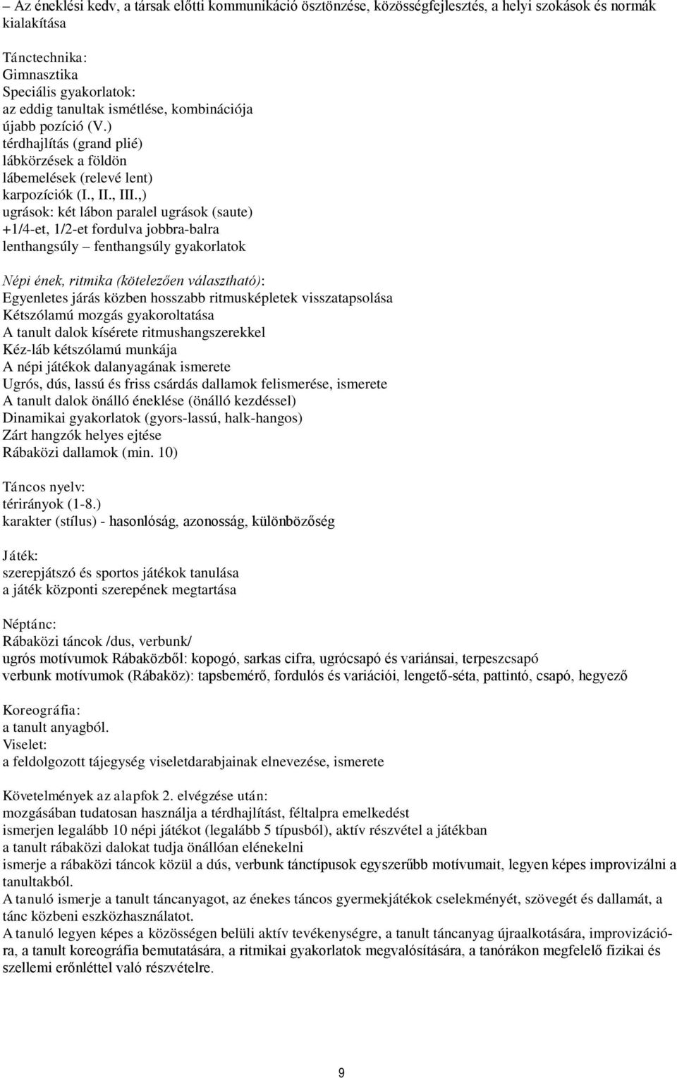 ,) ugrások: két lábon paralel ugrások (saute) +1/4-et, 1/2-et fordulva jobbra-balra lenthangsúly fenthangsúly gyakorlatok Népi ének, ritmika (kötelezően választható): Egyenletes járás közben hosszabb