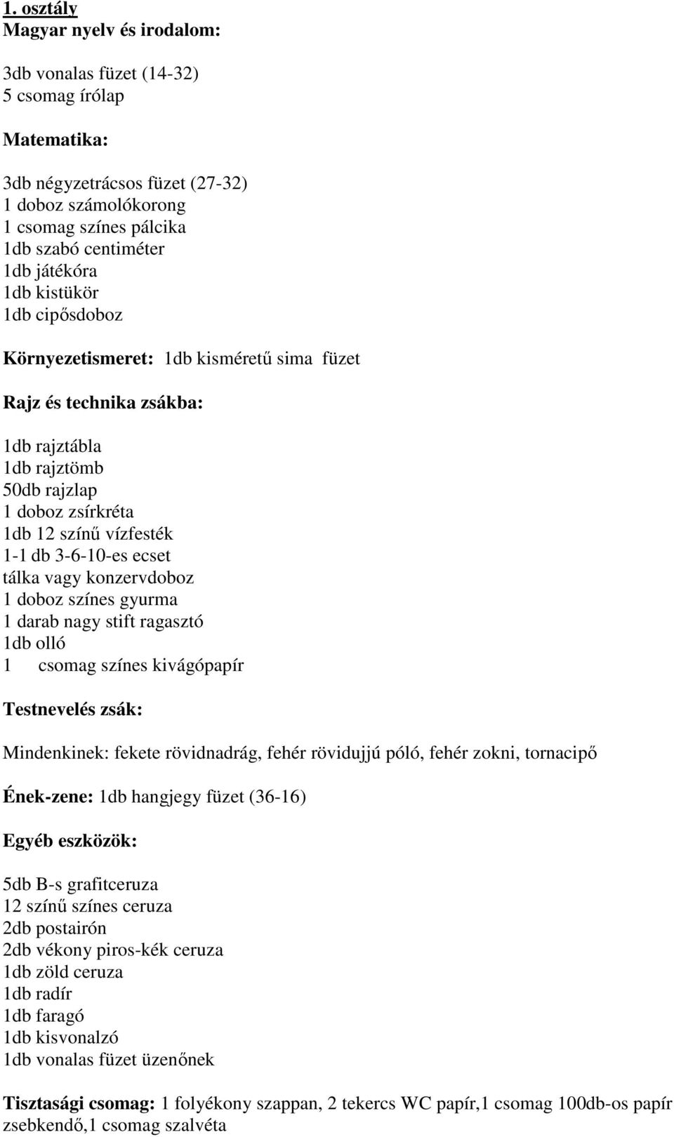 vagy konzervdoboz 1 doboz színes gyurma 1 darab nagy stift ragasztó 1db olló 1 csomag színes kivágópapír Testnevelés zsák: Mindenkinek: fekete rövidnadrág, fehér rövidujjú póló, fehér zokni,