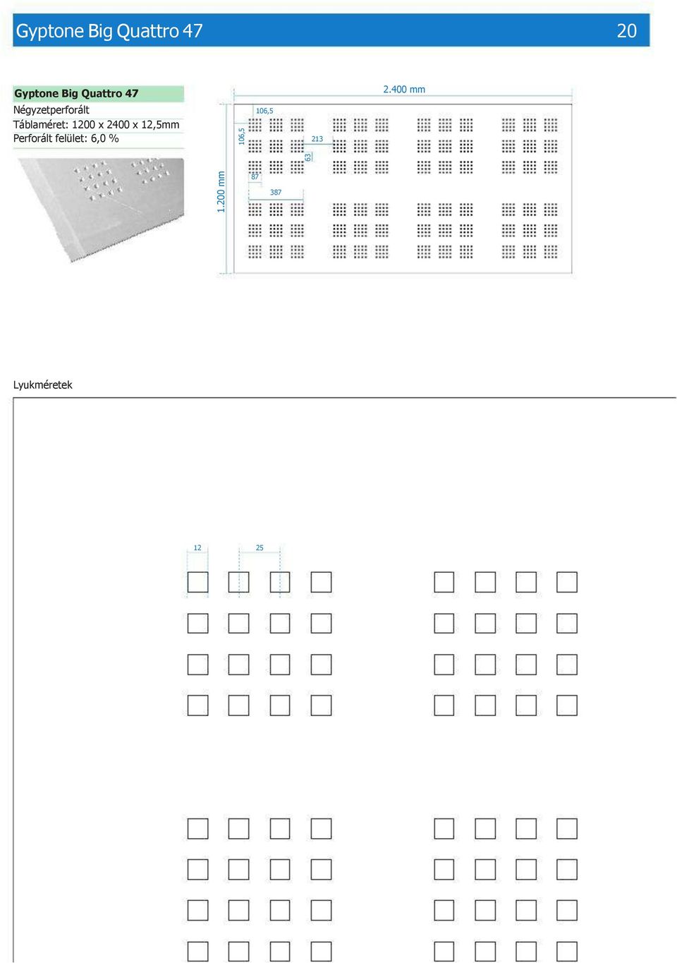 400 mm Négyzetperforált Táblaméret: 1200 x