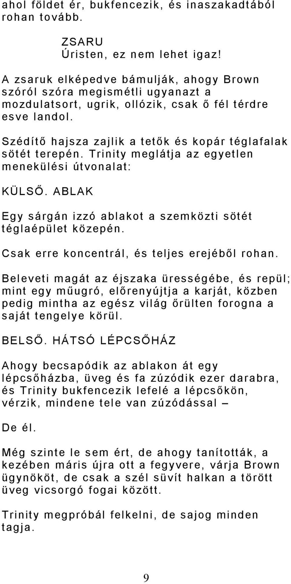 Szédítő hajsza zajlik a tetők és kopár téglafalak sötét terepén. Trinity meglátja az egyetlen menekülési útvonalat: KÜLSŐ. ABLAK Egy sárgán izzó ablakot a szemközti sötét téglaépület közepén.