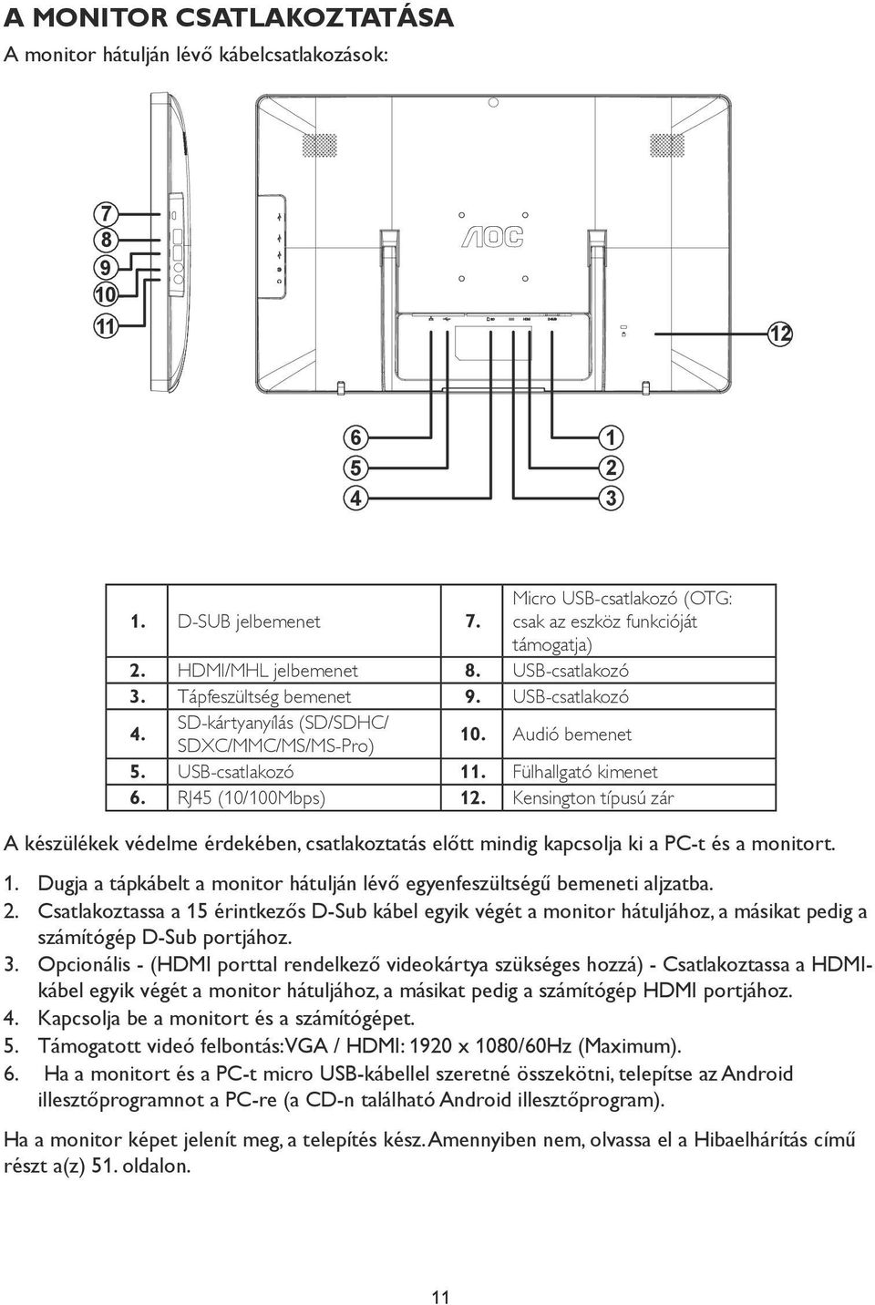 RJ45 (10/100Mbps) 12. Kensington típusú zár A készülékek védelme érdekében, csatlakoztatás előtt mindig kapcsolja ki a PC-t és a monitort. 1. Dugja a tápkábelt a monitor hátulján lévő egyenfeszültségű bemeneti aljzatba.