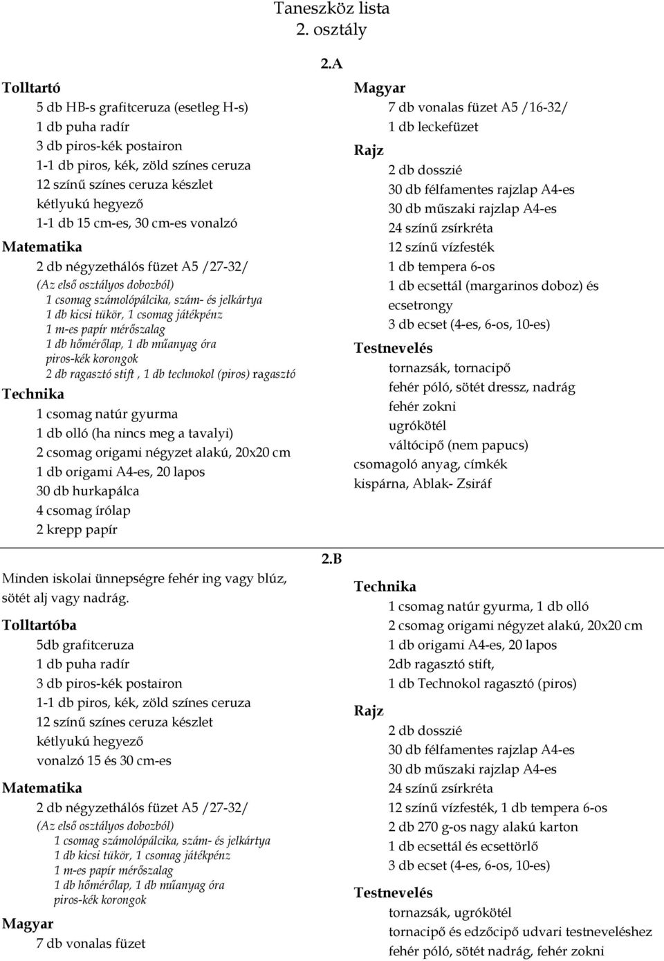 Taneszköz lista 1. osztály - PDF Free Download